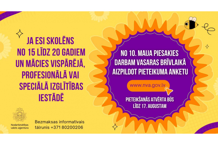 No 10. maija līdz 17. augustam skolēni var reģistrēties dalībai NVA vasaras nodarbinātības pasākumā