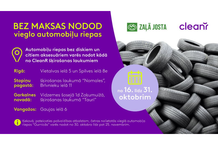 Aicina iedzīvotājus bez maksas nodot nolietotās vieglo automobiļu riepas