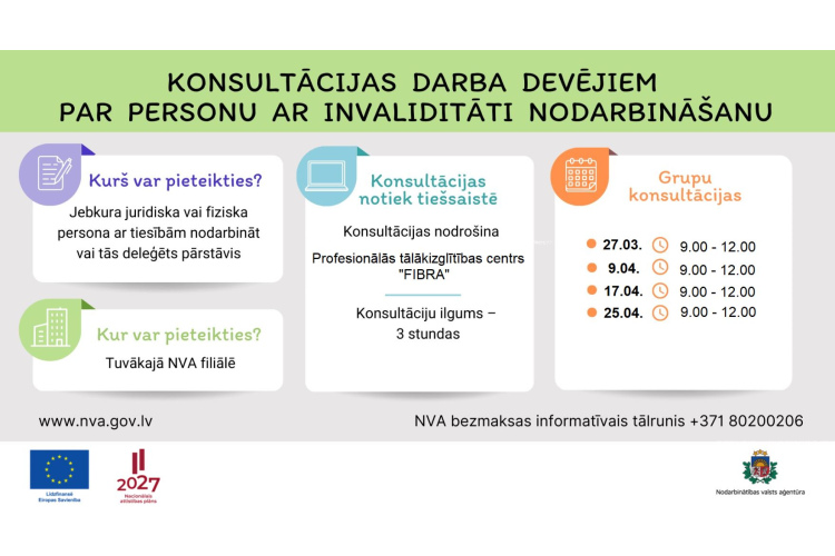 Darba devējiem, kuri nodarbina vai plāno nodarbināt cilvēkus ar invaliditāti, NVA piedāvā bezmaksas konsultācijas un...