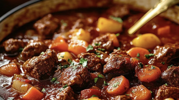 Lēni sautēts liellopa gaļas gulašs: bieza mērce un mīksta gaļa klasiskā izpildījumā