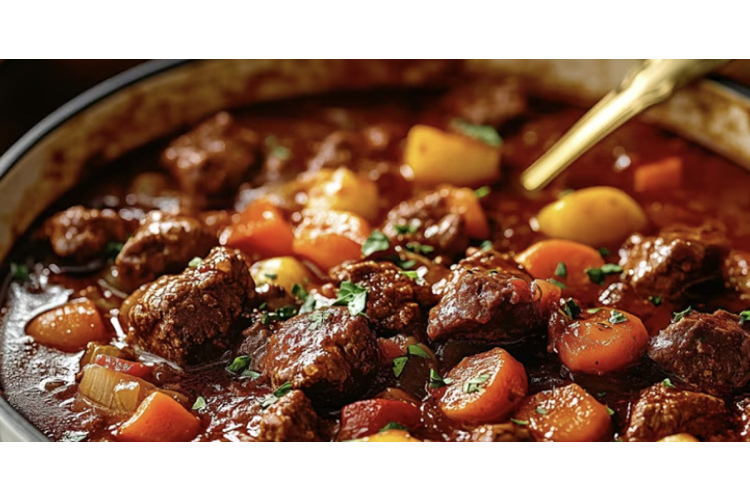 Lēni sautēts liellopa gaļas gulašs: bieza mērce un mīksta gaļa klasiskā izpildījumā