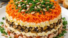 Sātīgi slāņainie salāti ar žāvētu vistu un saulespuķu sēklām