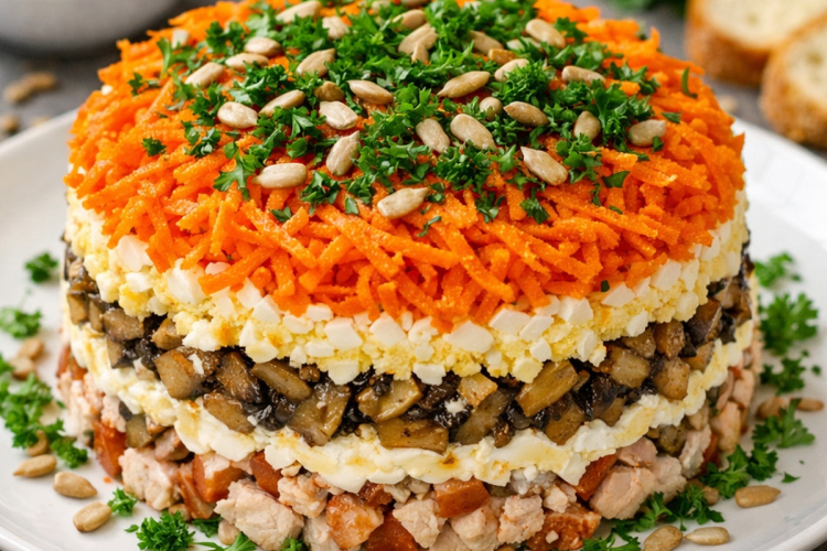 Sātīgi slāņainie salāti ar žāvētu vistu un saulespuķu sēklām